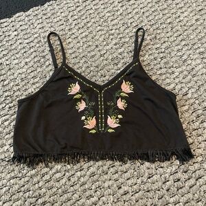 Black Floral Crop Top Sz M Embroidered Fringe Festival Boho Bohemian Club Top